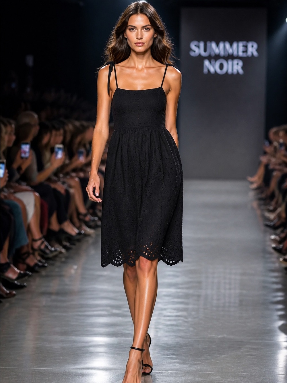 Sleeveless Eyelet Midi Dress with Tie Straps in Black